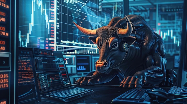 Foto angry bull trading con il computer bullist nel mercato azionario e la valuta crypto