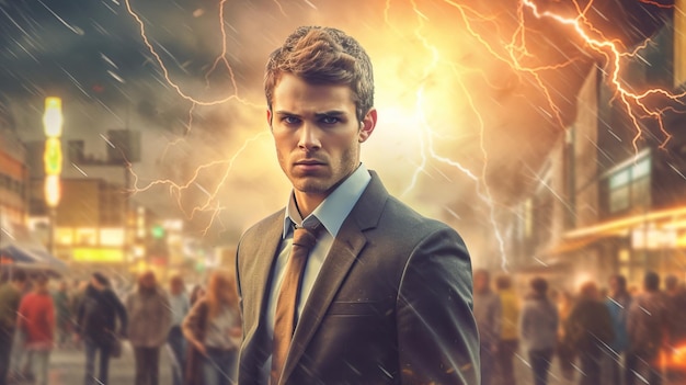 angry businessman businessman in the street with lightning chaotic energy postapocalyptic