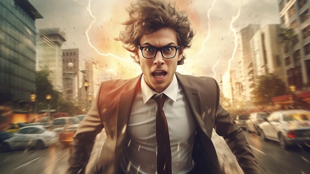 angry businessman businessman in the street with lightning chaotic energy postapocalyptic