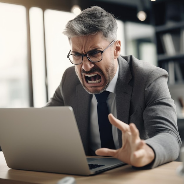 Angry Businessman Looking at Laptop