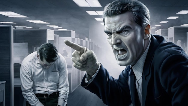 Angry businessman pointing at his employee