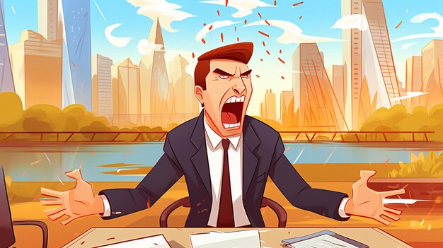オフィスの机に座っている怒っているビジネスマン 職場に座っている怒っている男の漫画 AI 生成