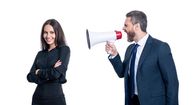 angry businesspeople arguing with loudspeaker isolated on white businesspeople arguing with loudspeaker in studio businesspeople arguing with loudspeaker photo of businesspeople arguing