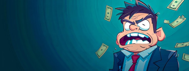Разгневанный мультфильмный бизнесмен с деньгами, плавающими вокруг.
