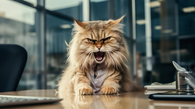 Photo angry cat boss sitting in office behind table and looking to camera