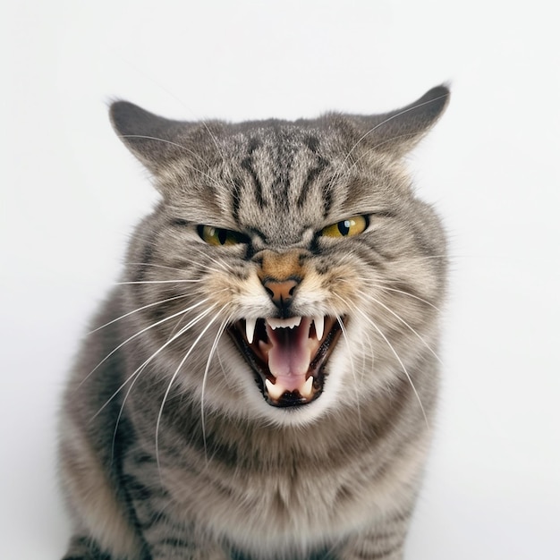 Angry cat the cat is angry bares its teeth hisses isolated on a white background closeup