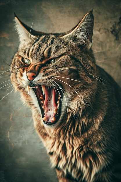 Photo an angry cat with its mouth open on a red and blue background