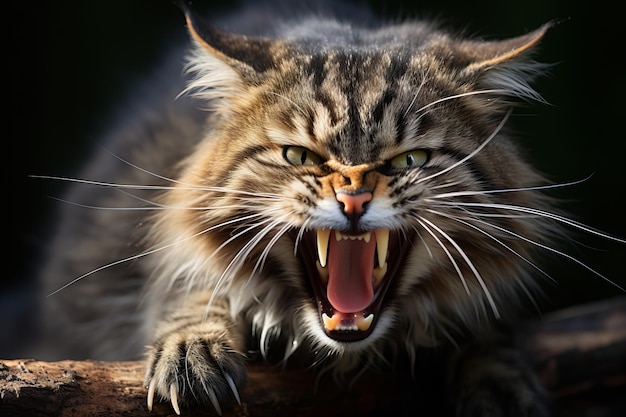 an angry cat with its mouth open