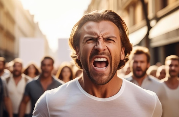 angry Caucasian protester marching on street male activist protesting against rights violation