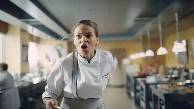 Angry chef yelling in restaurant kitchen Screaming cook
