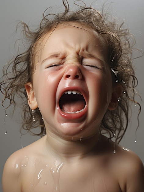 Photo an angry child cries and screams