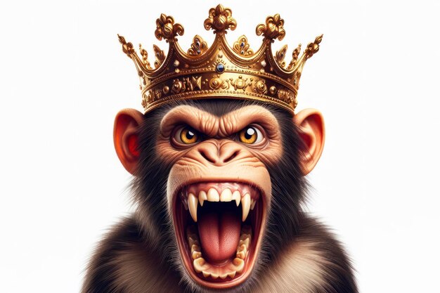 angry chimpanzee wear golden crown on his head on a white background