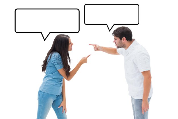 Angry couple shouting at each other against speech bubble