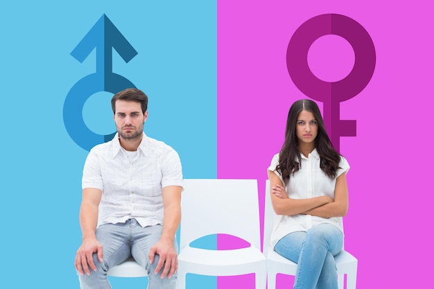Photo angry couple not talking after argument against pink and blue