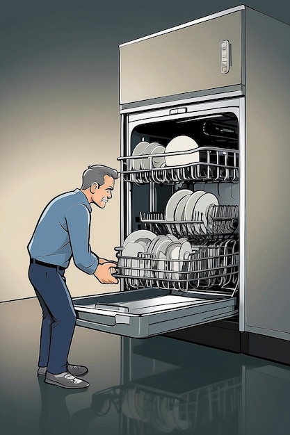 Angry Dishwasher cartoon illustratie met schone platte inkt