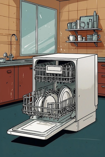 Angry Dishwasher Cartoon Illustration with Clean Flat Inking