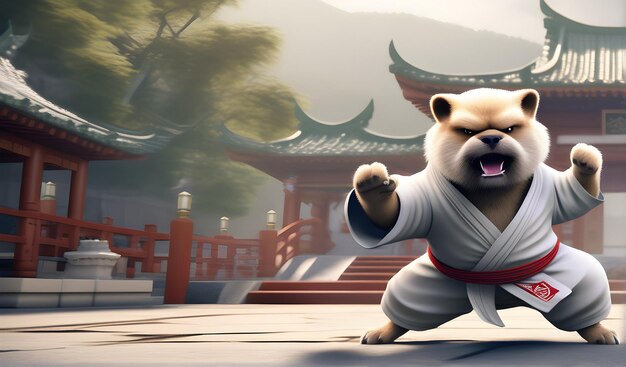 Foto un cane arrabbiato che indossa un gi fa un modello 3d di kung fu