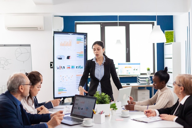 angry entrepreneur in conference room screaming at coworkers in conference room