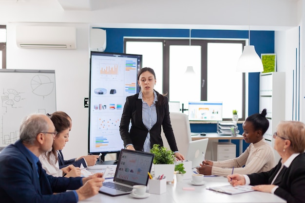 Angry entrepreneur in conference room screaming at coworkers in conference room