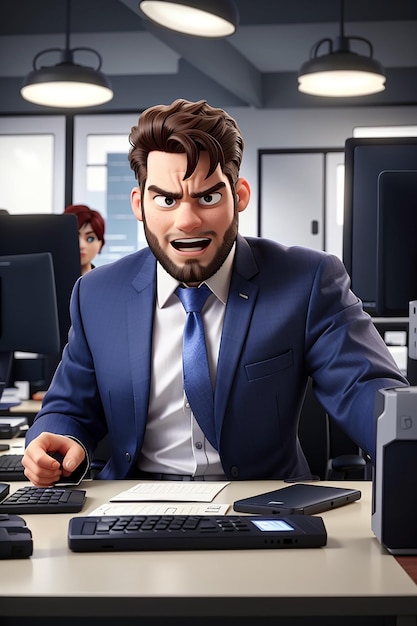 Angry evil office manager front of computer at workplace annoyed businessman with hand grabbed head