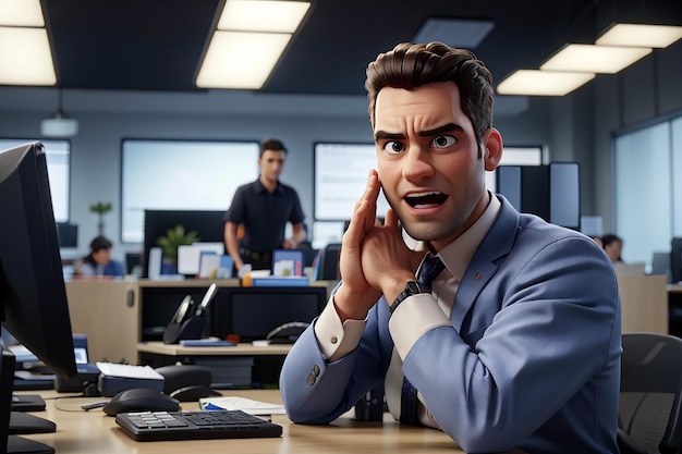 Angry evil office manager front of computer at workplace annoyed businessman with hand grabbed head