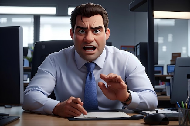 Photo angry evil office manager front of computer at workplace annoyed businessman with hand grabbed head