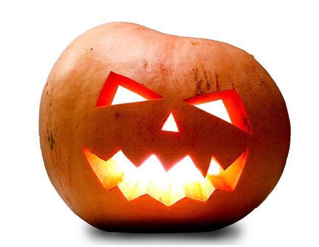 Angry face of helloween pumpkin at white background