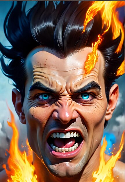 Photo angry face scary fire face fantasy style fire bad man