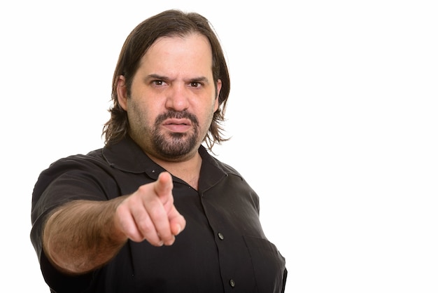 Angry fat Caucasian man pointing finger isolated on white