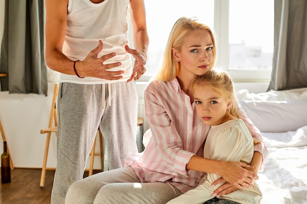 Angry father scolds daughter and wife, family problems