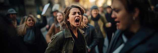 Angry female activist shouting in street Generative Ai