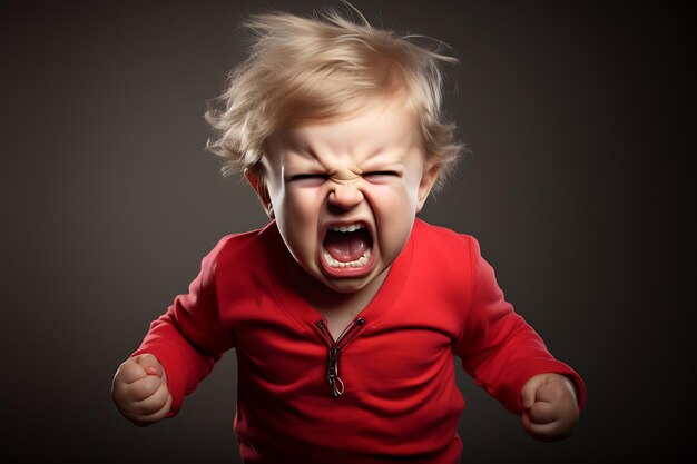 Photo angry funny baby with red t