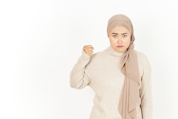 Angry Gesture of Beautiful Asian Woman Wearing Hijab Isolated On White Background