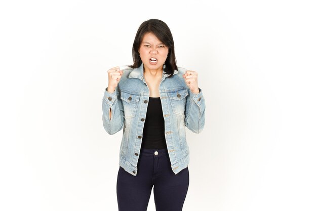 Angry Gesture of Beautiful Asian Woman Wearing Jeans Jacket and black shirt Isolated On White