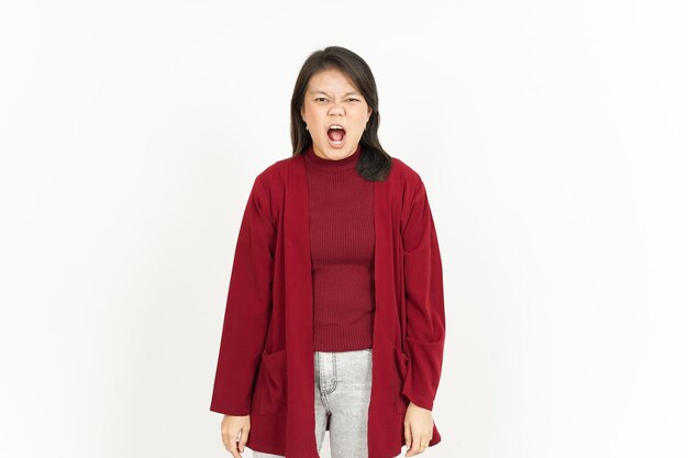 Angry Gesture Of Beautiful Asian Woman Wearing Red Shirt Isolated On White Background