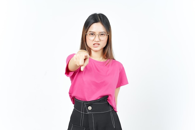 Angry Gesture and Pointing at camera Of Beautiful Asian Woman Isolated On White Background