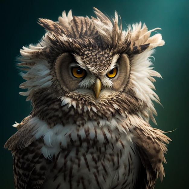 An angry gray Owl with a shaggy head and feathers sticking out of it stares ahead Ruffled and shaggy owl generated AI