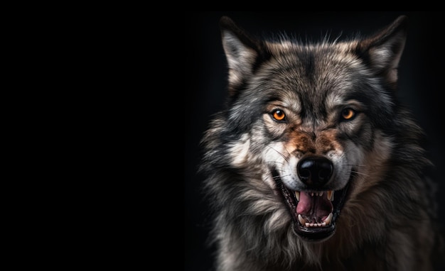 Angry grey wolf portrait on black with copyspace