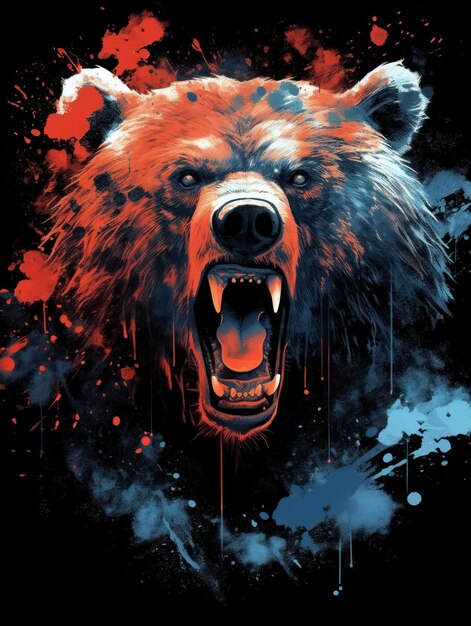 An angry grizzly's face with a mouth open Print for Tshirts Generative AI