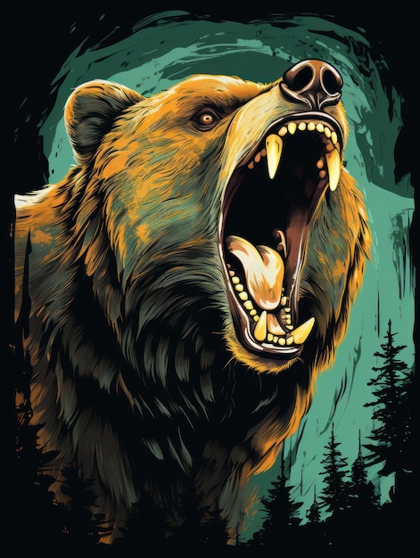 An angry grizzly's face with a mouth open Print for Tshirts Generative AI