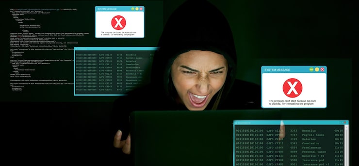 Photo angry hacking and hacker man for cyber security coding software block server and error code for data protection frustrated programmer cyberpunk thief or tech person fail crime in digital overlay