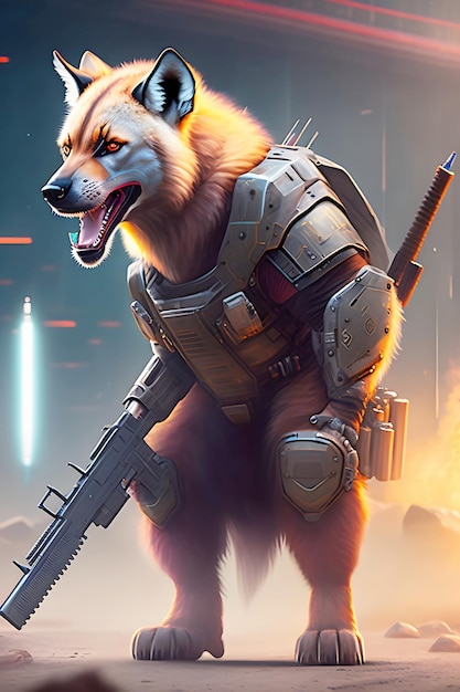 An angry Hyena cyberpunk standing on an alone strait holding weapon warrior look