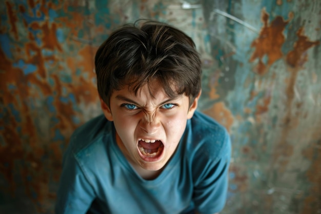 Angry irritated boy Full of rage Emotional portrait of an upset preteen boy screaming in anger