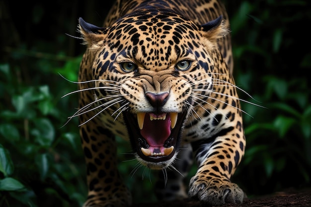 熱帯雨林で怒っているジャガー