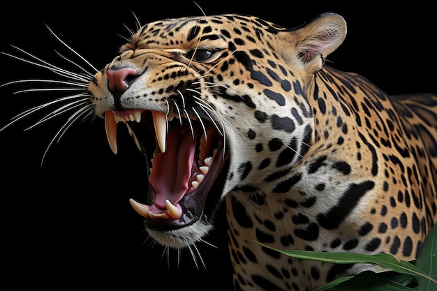 an angry jaguar with its mouth open on a black background