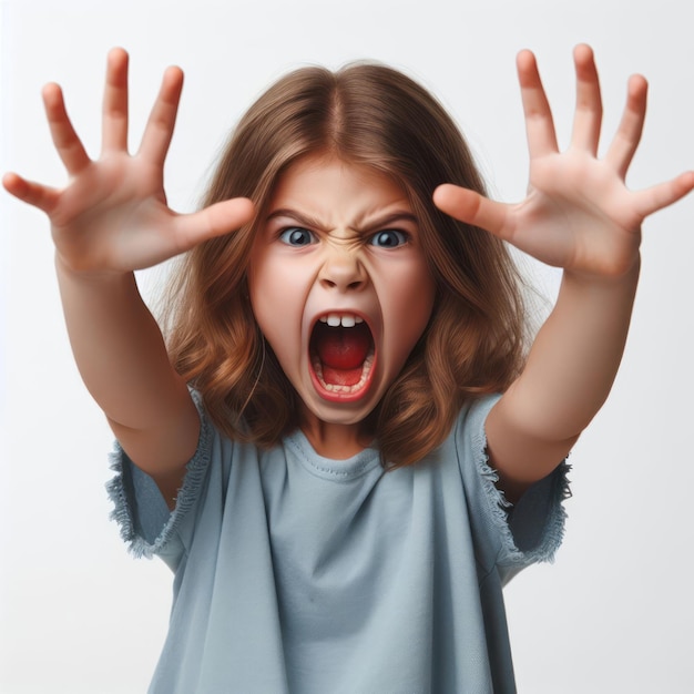 angry kid with open mouth waving her hands on a white background