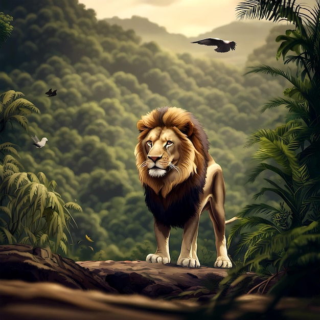 Angry lion the jungle king standing alone on a forest