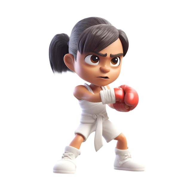 Злая маленькая девочка в боксёрских перчатках3D рендеринг на белом фоне