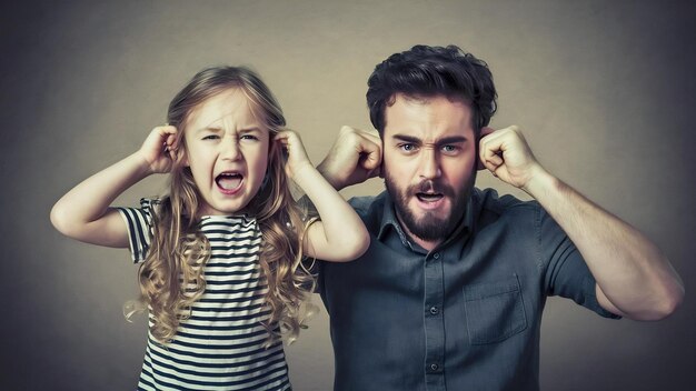 Photo angry little girl with long loose hair shouting misbehaving