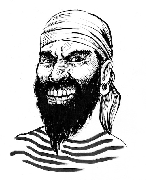 Angry looking bearded pirate character. Ink black and white drawing